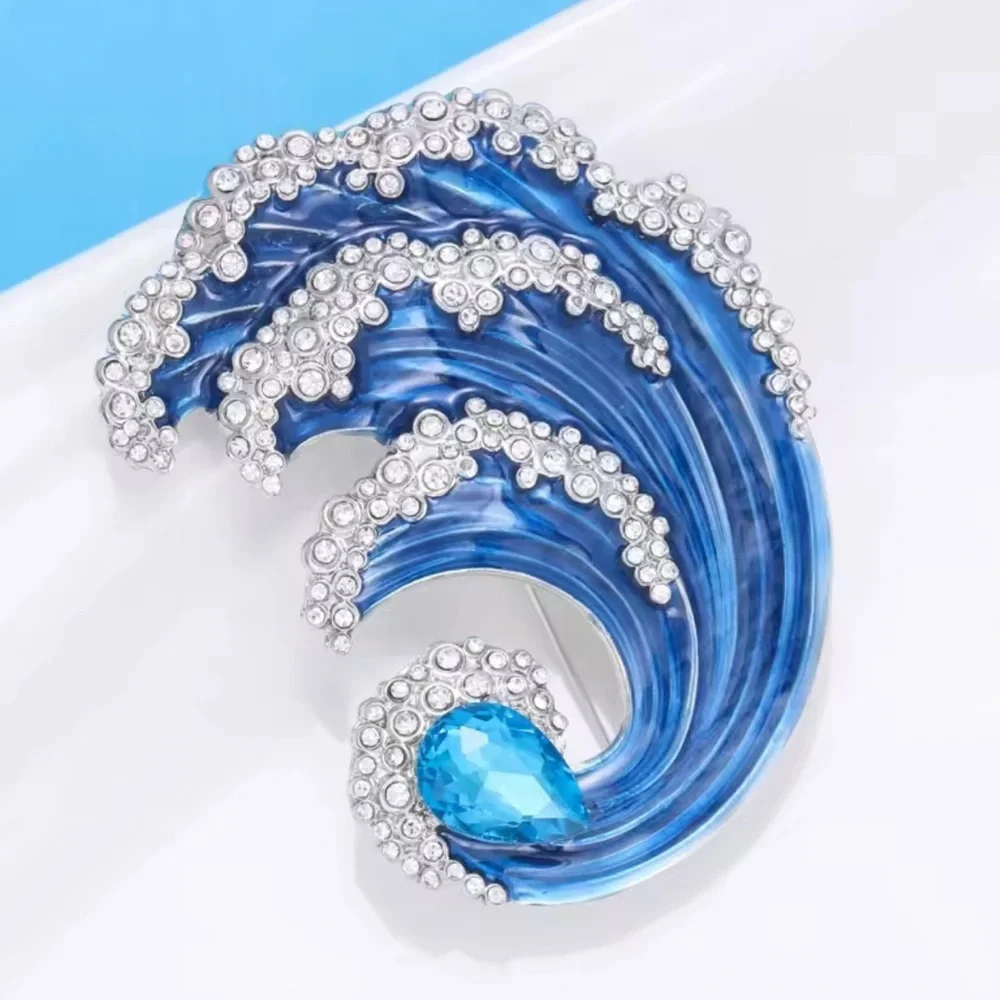 Blue Silver Wave Crystal Brooch - Picture 4 of 7